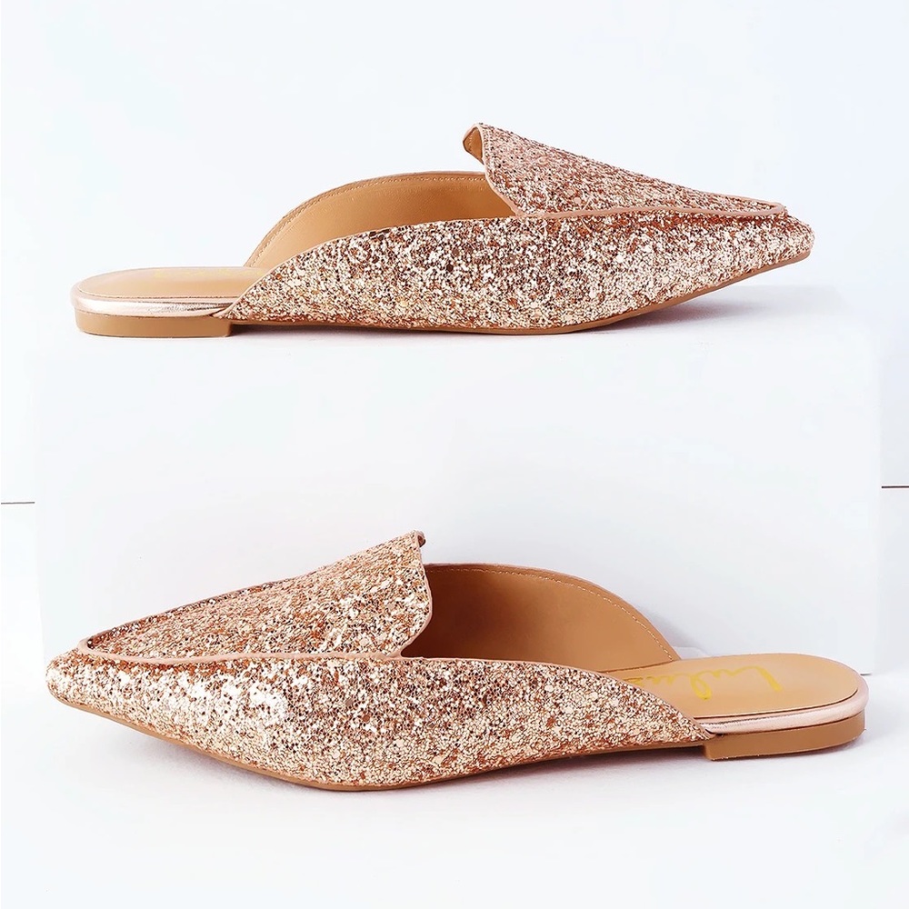 Lulus Joelle Rose Gold Glitter Loafer Slides 7
